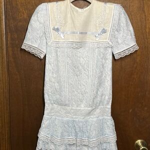 VTG 1980’s Jessica McClintock Gunne Sax Blue White Lace Victorian Style Dress
